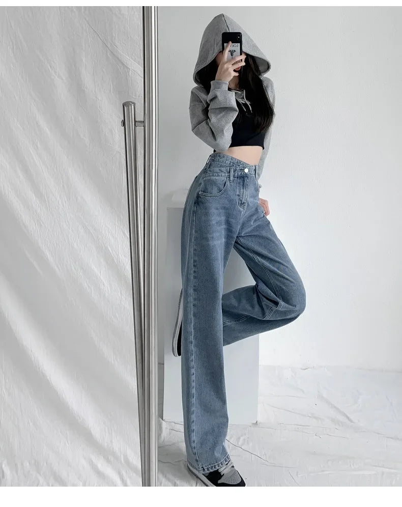 Wide Leg Pants Women Vintage Jeans High Waist Loose Fit Basics Full Length Pockets Button 2025 Casual Denims Straight Trousers Aviola