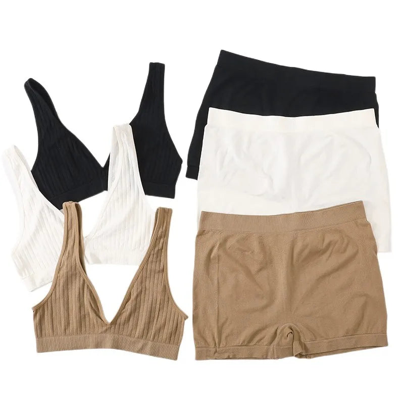 Women Seamless Bra And Panties Set Female Sport V-neck Unlined Bra High Rise Shorts Stretchy Underwear Sexy Lingerie Set Aviola