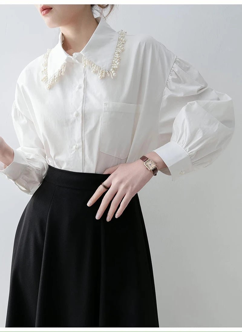 MEXZT Elegant White Shirts Women Fashion Beading Patchwork Blouses Office Ladies Korean Long Sleeve Pocket Design Casual Tops Aviola