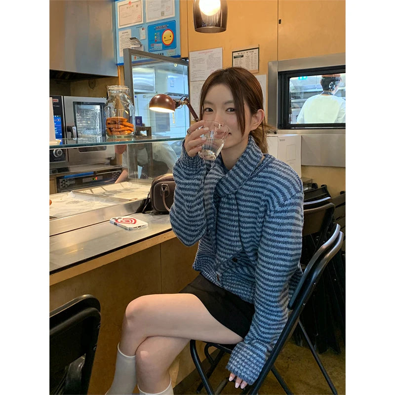 MEXZT Vintage Striped Knitted Cardigan Women Elegant Scarf Sweater Outerwears Korean Long Sleeve Knitwears Winter Casual Jumpers Aviola