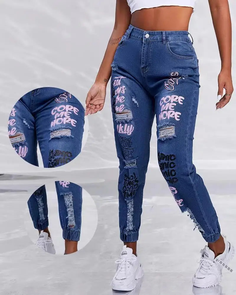 Women Denim Jeans Ankle Length Print Holes Pencil Pants Pockets Washing Slim Basics Zipper Fly Spring Flat Slight Strech Aviola