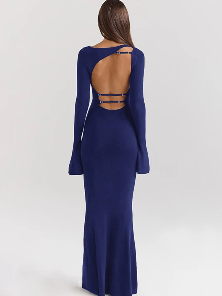 Nibber Elegant Backless Hollow Women Dress Irregular Autumn o-Neck Flare Sleeve Skinny Stretch Robe Casual Simple Long Bodycon Aviola