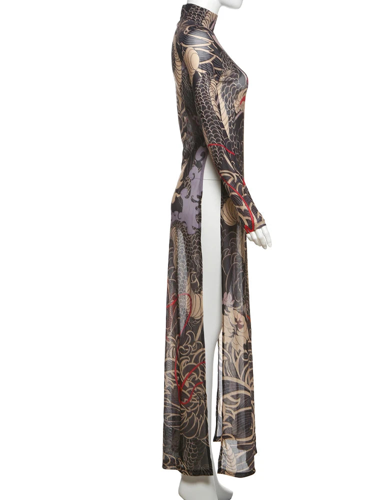 Nibber See Through Blouse Women Snake Print Half-High Neck Long Sleeves High Slits High Elasticity Street Skinny Trend Long Tops Aviola