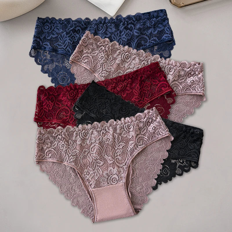 5PCS/Set Middle Waist Cotton Lace Patchwork Solid Color Floral Panties Women's Briefs Breathable Sexy Female Underwear Lingerie Aviola