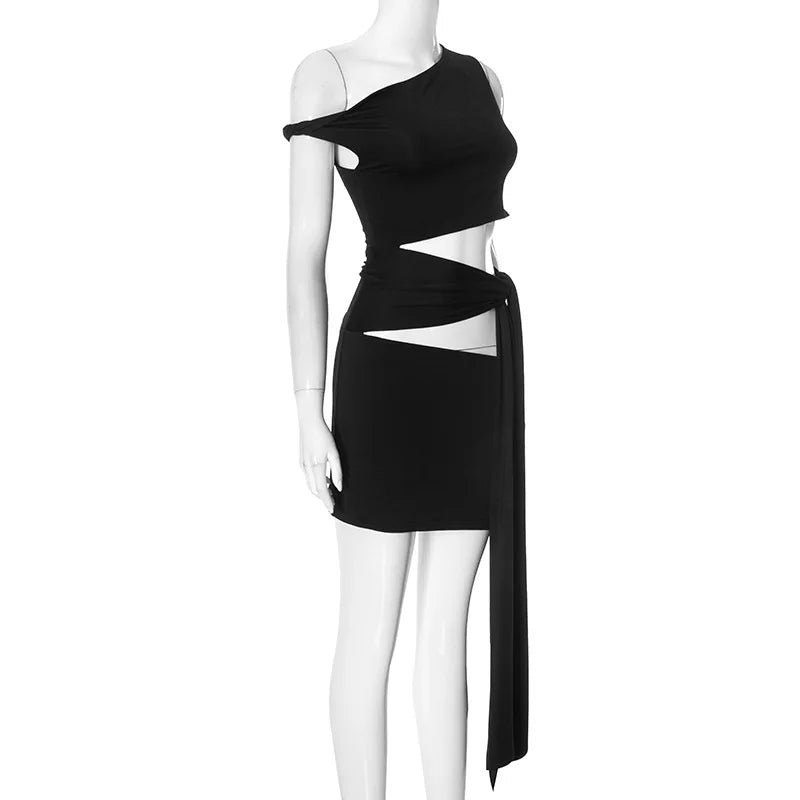Nibber Irregular Hollow Dress Women Knot Off-The-Shoulder Bandage Biased Collar Sexy Fit Sleeveless Solid Midnight Mini Bodycon Aviola