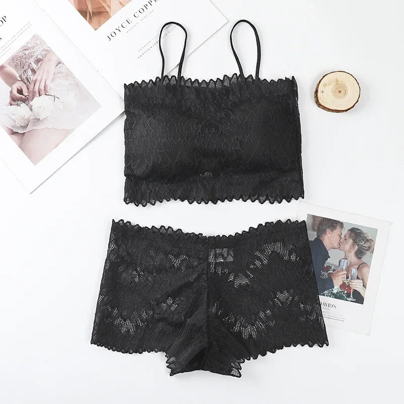 Women Lace Tube Bra and Panty Set Wireless Underwear Summer Padded Bralette Female Sexy Lingerie Low Rise Briefs Aviola