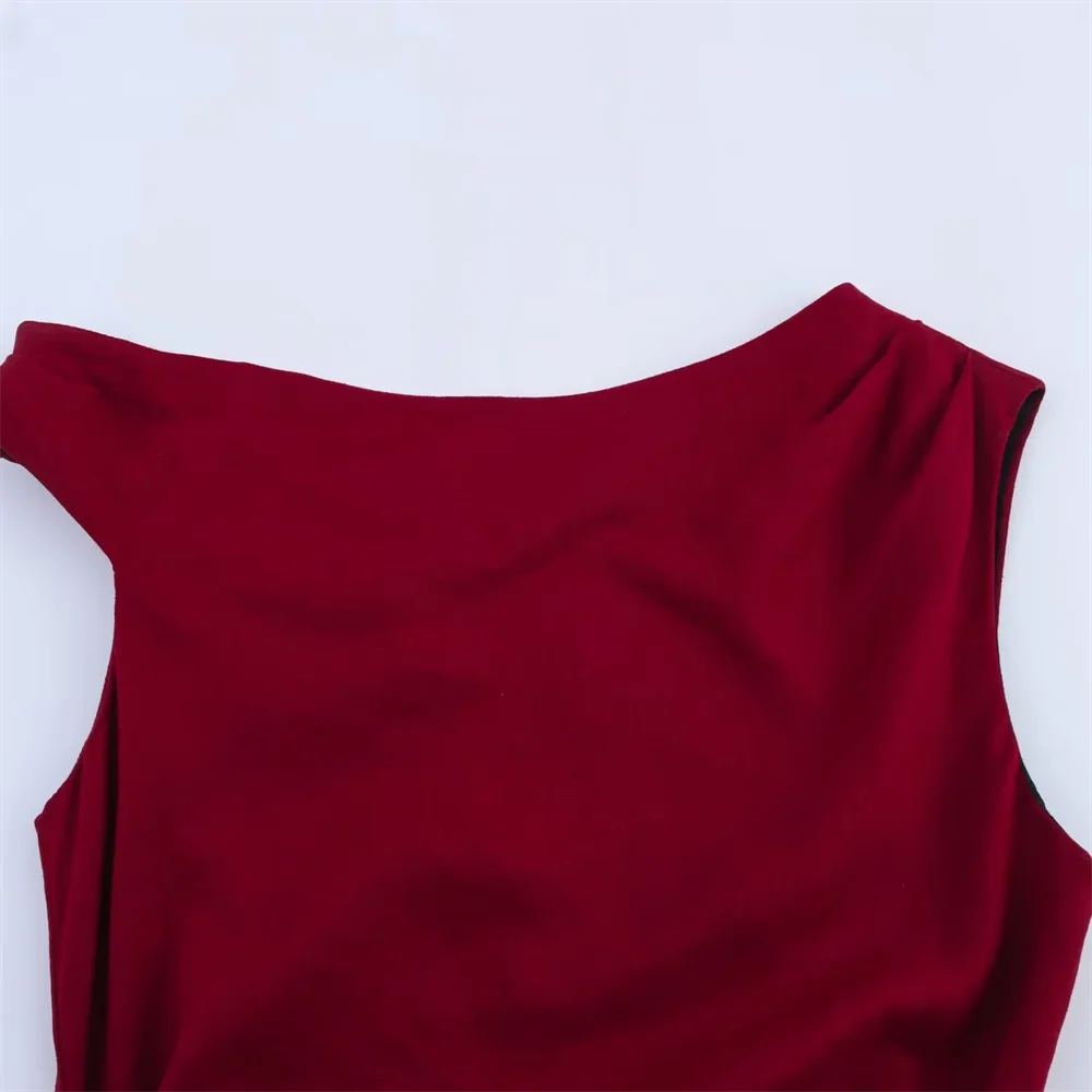 BM&MD&ZA2025French simple pleated oblique shoulder asymmetrical collar slim dress summer new women's clothing Aviola