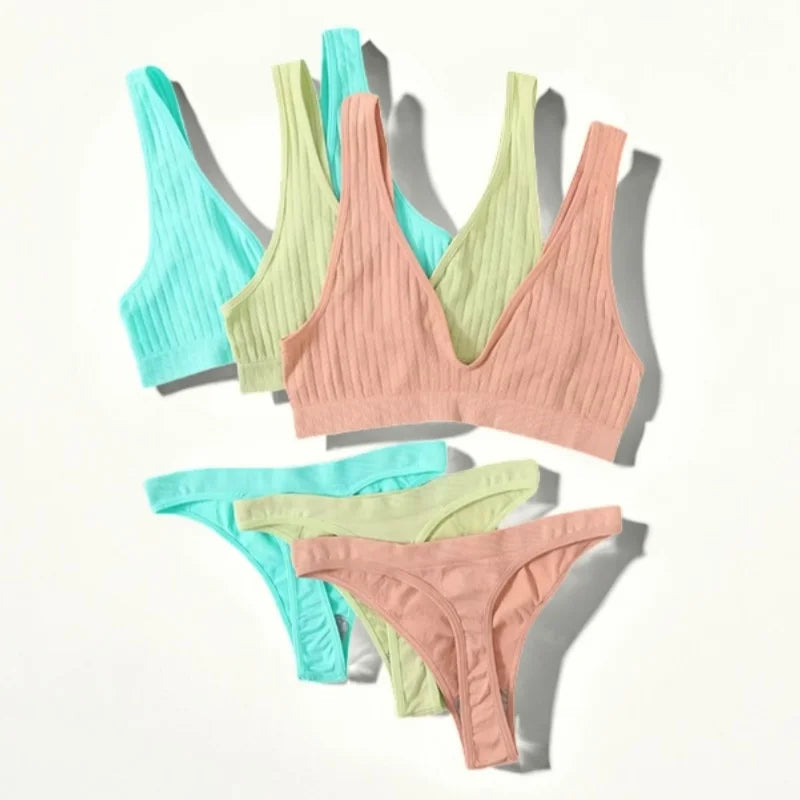 Seamless Bras Set Women Sexy Thongs Low Waist Panties Sport Ribbed Bra Tops Nonwire Bralette Wirefree Brassiere Female Intimates Aviola