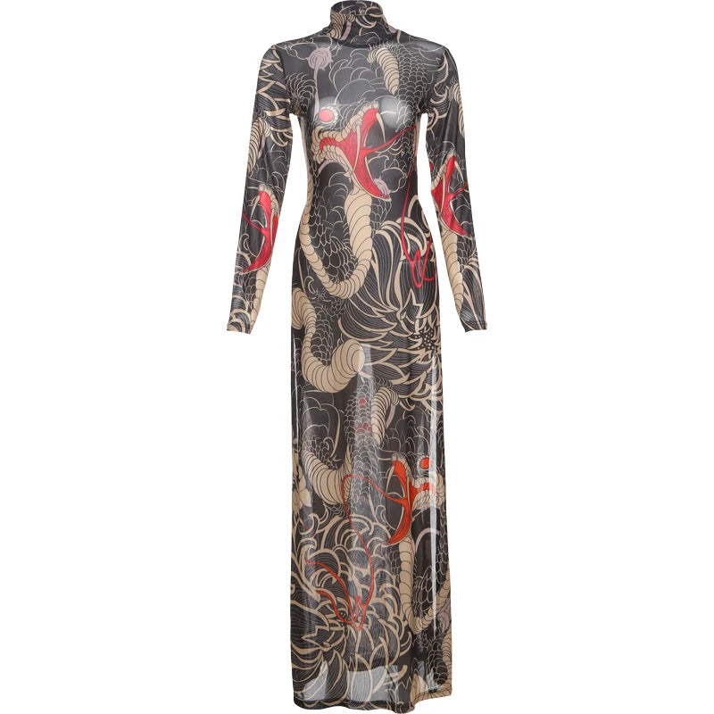 Nibber See Through Blouse Women Snake Print Half-High Neck Long Sleeves High Slits High Elasticity Street Skinny Trend Long Tops Aviola