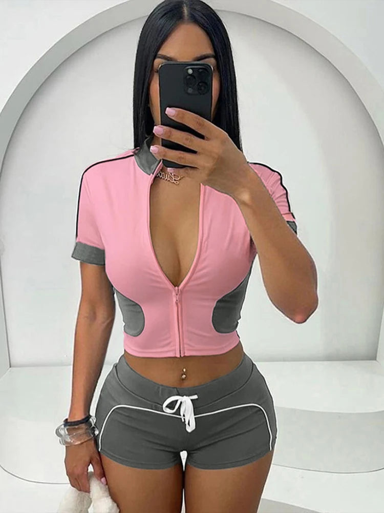 Nibber Summer Tracksuit Women 2 Piece Set Zip Patchwork Shorts Sleeve Crop Tops+Shorts Matching Sporty Skinny Stretch Outfits Aviola