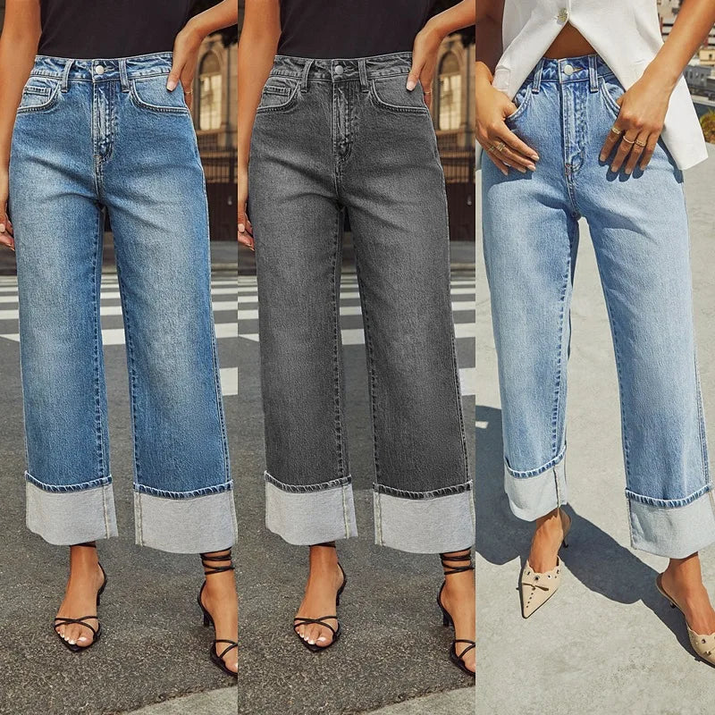 Mom Jeans Women Denim Pant Wide Leg Long Pants Y2k Streetwear High Waist Straight Trousers Elegant Temperament Spring 2025 Aviola
