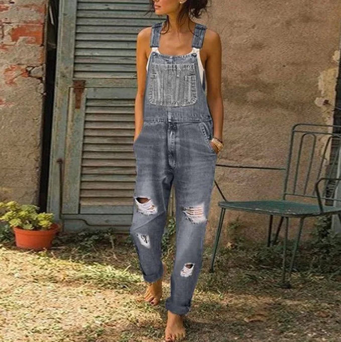 Women Jeans Overalls Holes Washing Denim Mid Waist Ankle Length Straight Pants One Piece Pockets High Street Casual Sports Aviola