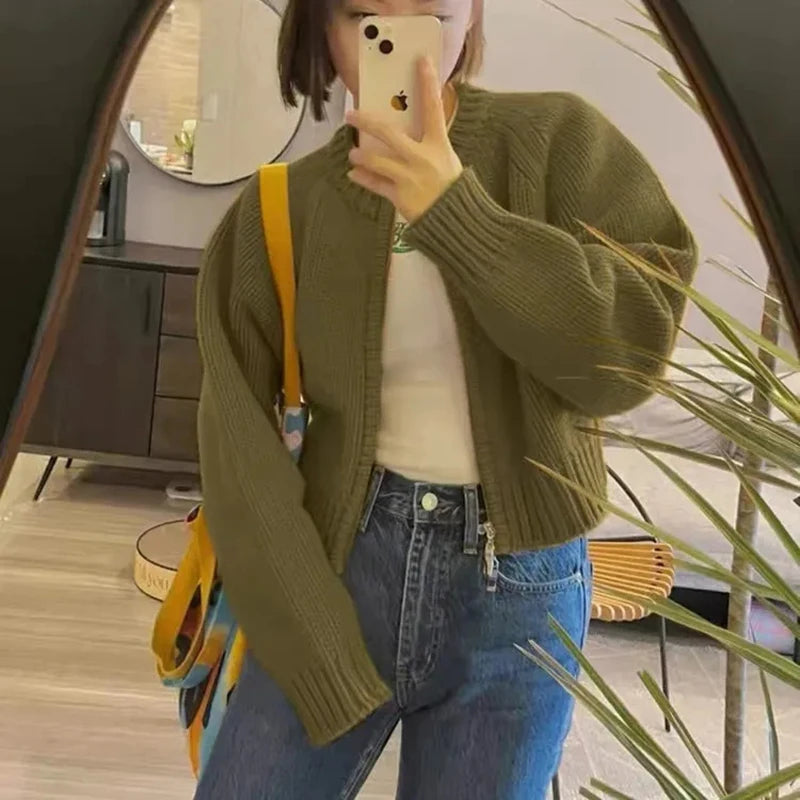 MEXZT Solid Knitted Cardigan Women Sweet Zipper Cropped Sweaters Korean Vintage Casual Knitwear Coat Loose Short Jumpers Jackets Aviola