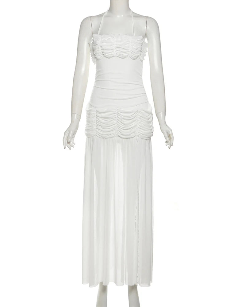 Nibber Patchwork Mesh Maxi Dress Women High Slits Folds Halter Bandage Backless Sleeveless Elegant Temperament Banquet Vestidos Aviola