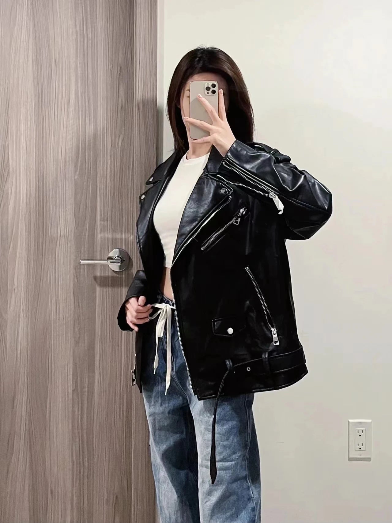 RARF  New 2024 Women's motorcycle leather PU imitation leather loose jacket black jacket Aviola