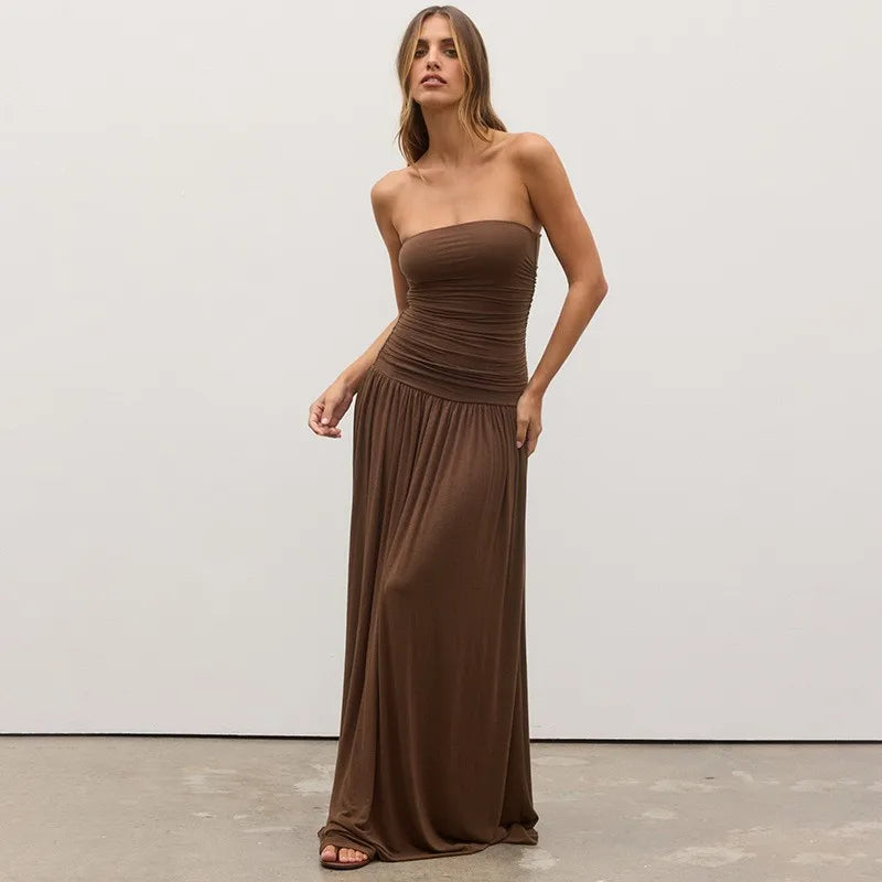 New summer sleeveless sexy strapless pleated long dress Aviola