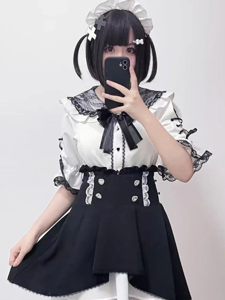 MEXZT Kawaii Bow Pink Shirts Women Japanese Jk Lolita Lace Patchwork White Blouses Summer Y2K Aesthetic Flare Short Sleeve Tops Aviola