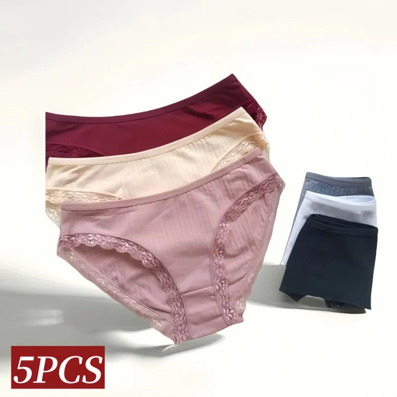 5Pcs/Set Cotton Panties Women Lace Trim Briefs Female Underpants Solid Color Panty Seamless Underwear M-XL Panties Lingerie Aviola