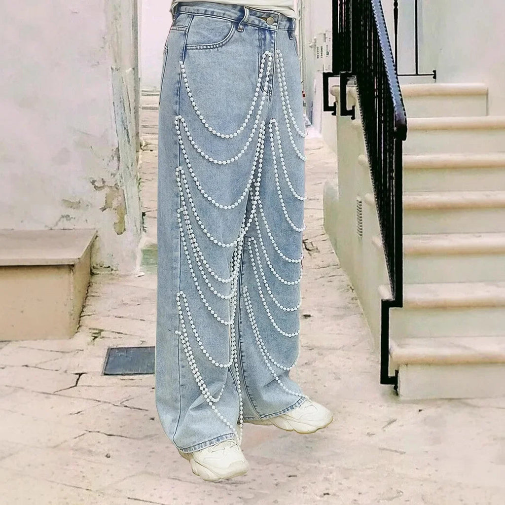 Straight Pants Women Jeans High Waist Beading Washed Distressed Vintage Mom Pockets Button 2025 Streetwear Y2k Denim Trousers Aviola