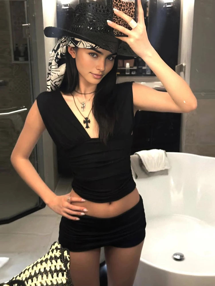 Nibber Folds Sexy 2-Piece Set Women Deep v-Neck Backless Sleeveless Vests+Mini Shorts High Elasticity Classic Matching Suits Aviola