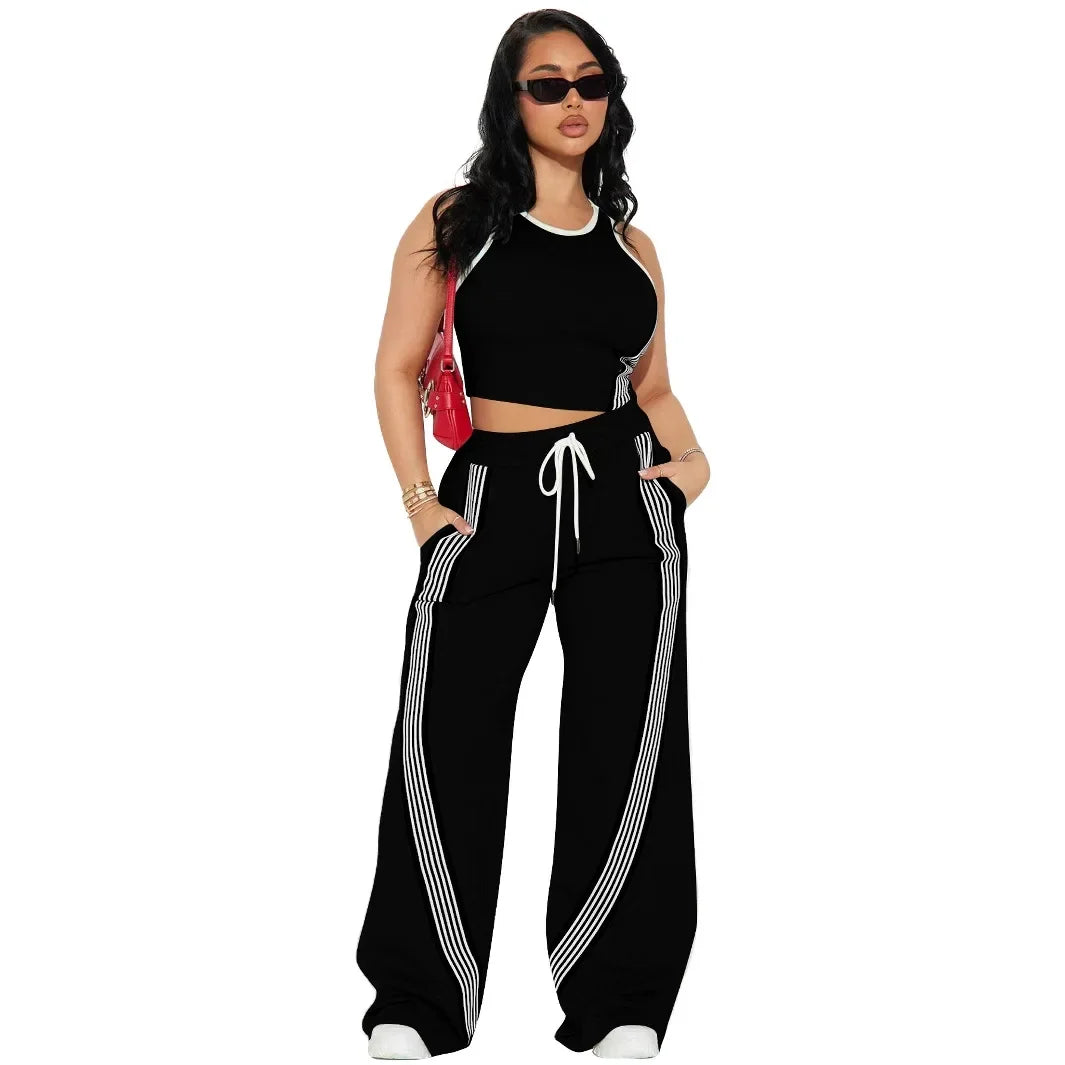 Two Piece Sets Women Sports Suit Vest Top Wide Leg Pants Striped Elastic Waist Matching Sets Trousers Sportswear 2025 Tracksuit Aviola