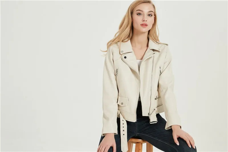 RARF Spring and Autumn 2025 New faux leather PU jacket with belt women's lapel motorcycle jacket black zip biker jacket Aviola