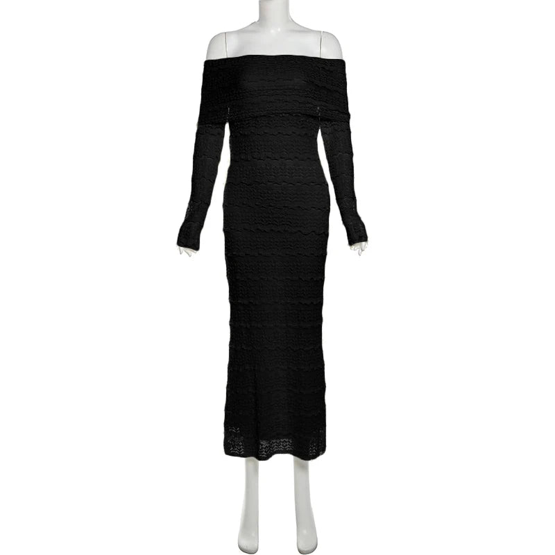 Nibber See Through Vacation Dress Women Jacquard Lapel Slash Neck Backless Full Sleeve Beach Party Elegant Chic Long Bodycon Aviola