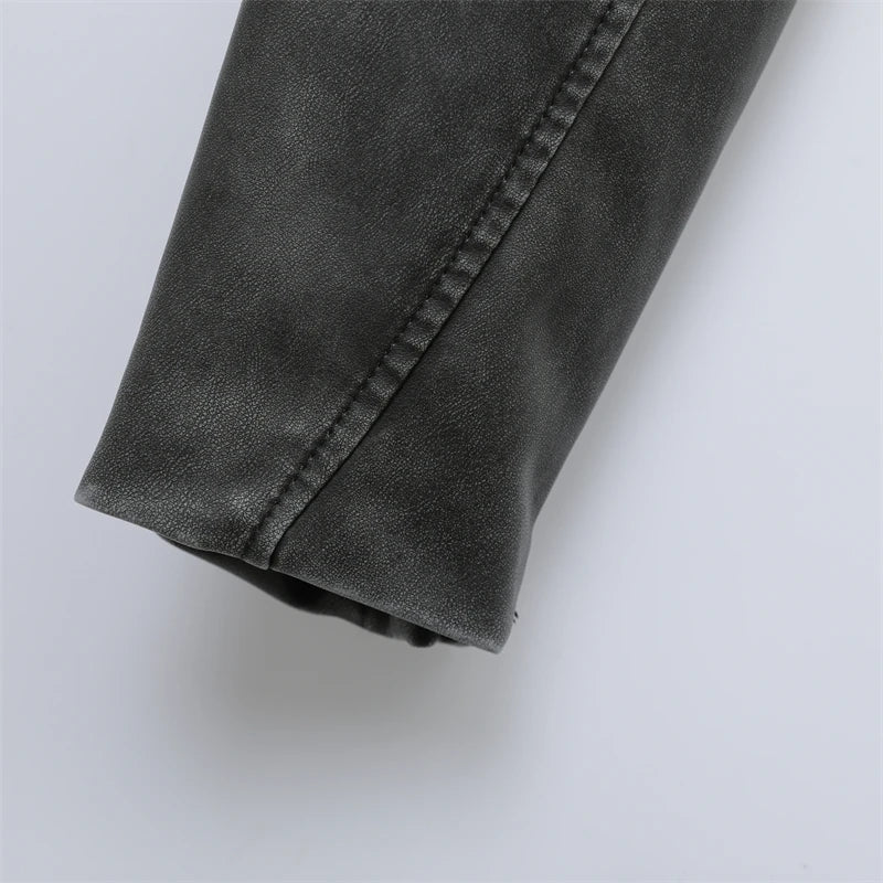 RARF 2024 Women's new short make old effect imitation leather motorcycle jacket jacket women's washed gray leather coat Aviola