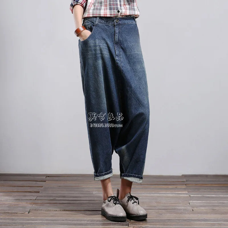 Harem Denim Pants Women Vintage Jeans Spliced Pockets Streetwear Loose Jean Washed Zipper Fly Distressed Ankle Length 2024 Aviola