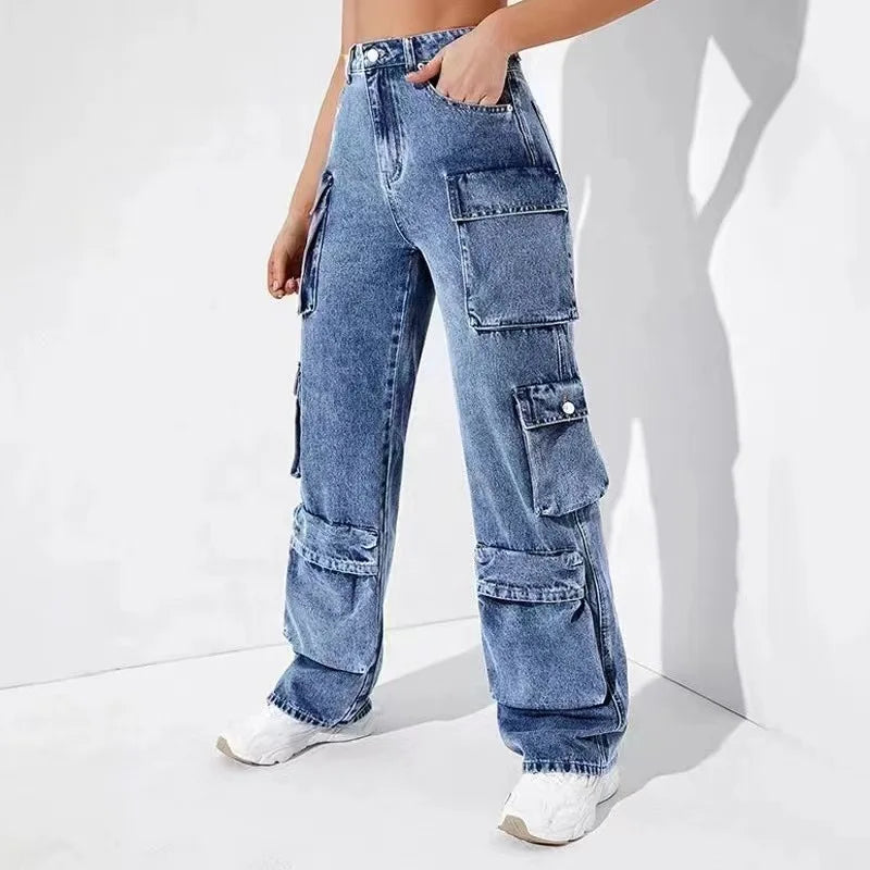 Women Jeans Zipper Fly Flat Cargo Pants Denim Pockets Clamshell High Waist Loose Mom Jeans Winter Clamshell Streewear Color Aviola