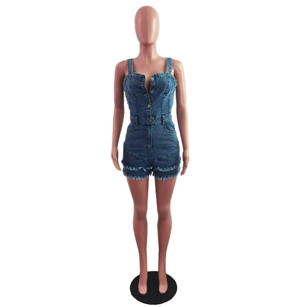 Women Denim Rompers Shorts Jeans Overalls High Waist Spliced Washed Jean Tassel Pockets One Piece Casual Skinny Solid 2025 Aviola