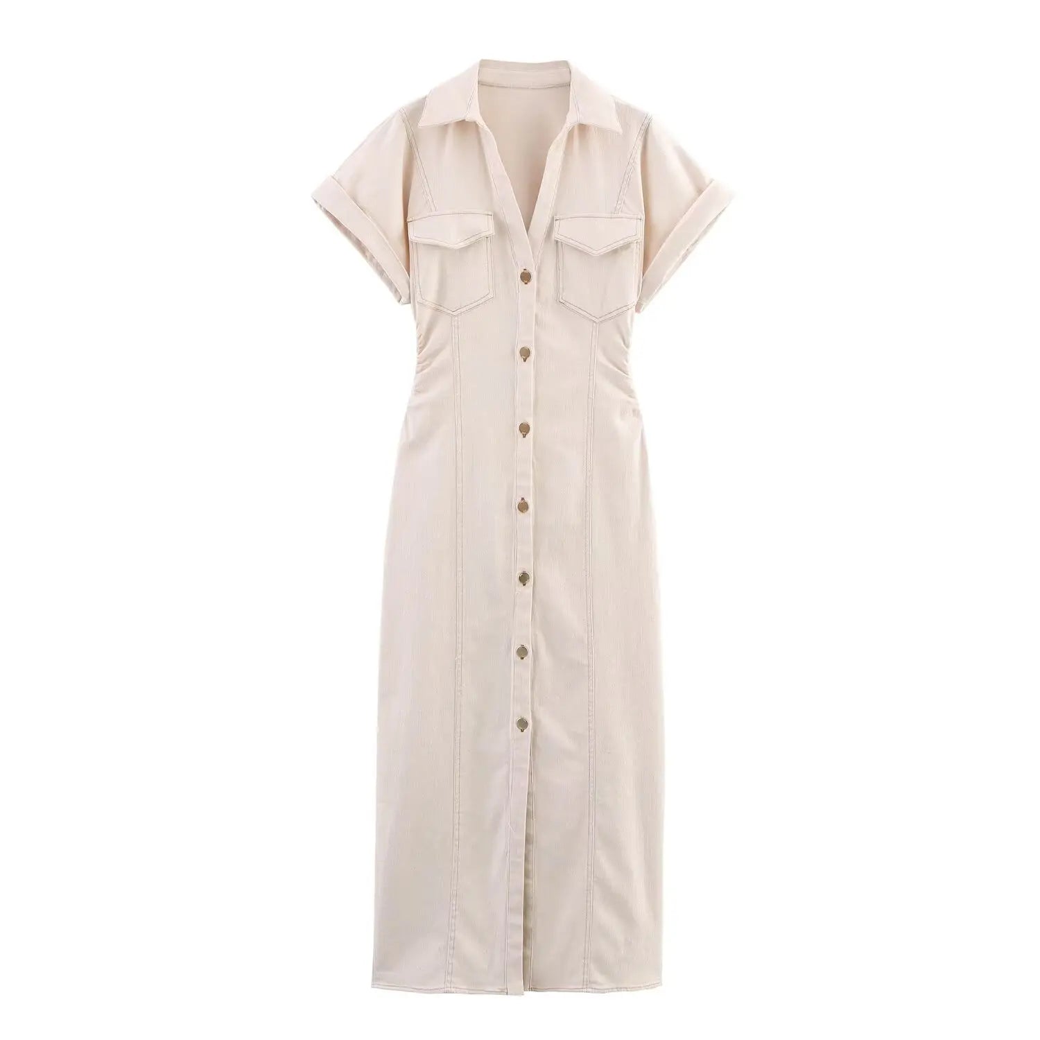 UNIZERA 2025 summer new traf women's elegant and fashionable pleated waist V-neck short-sleeved temperament denim dress Aviola
