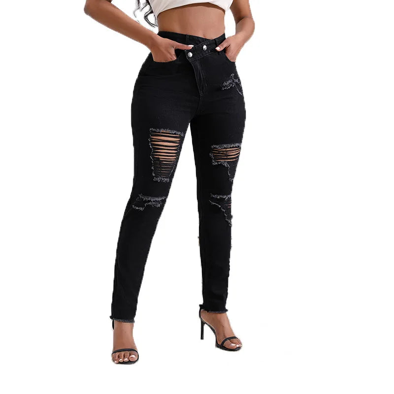 Jeans Women High Waist Pencil Pants Holes Denim Slim Fit Pockets Sexy Streetwear Mom Jeans Sheath Distressed Ankle Length 2025 Aviola