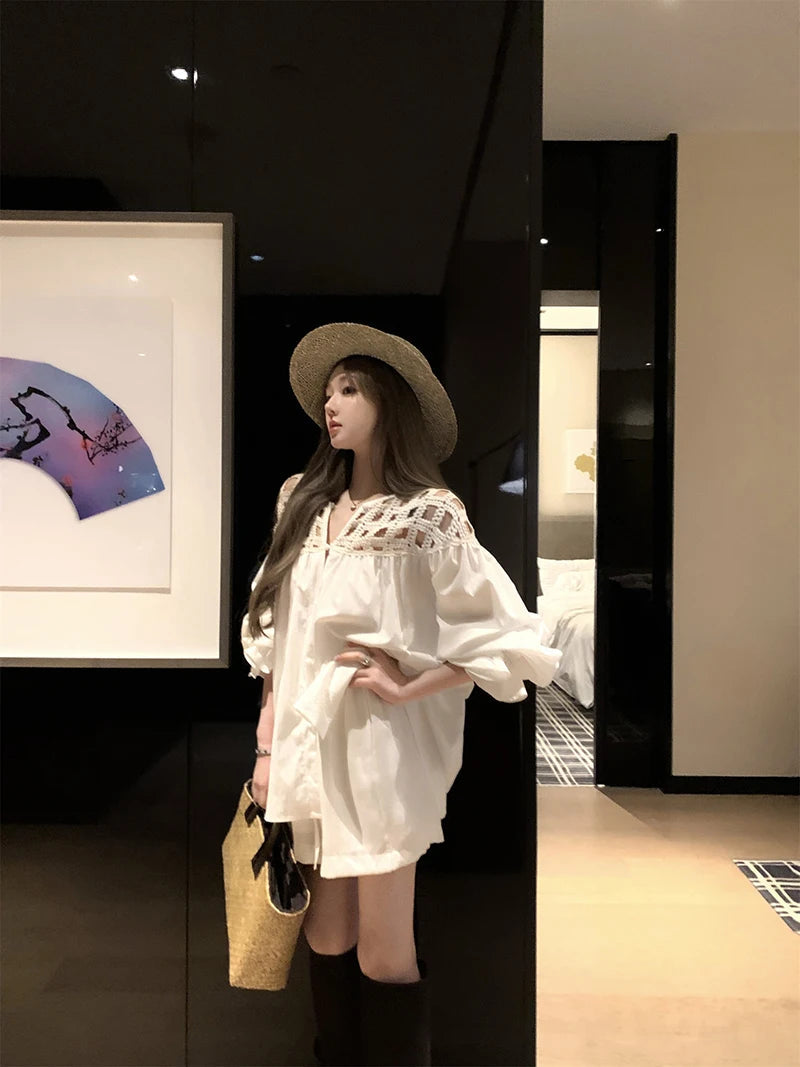 MEXZT Vintage White Shirts Women Streetwear Hollow Out Oversized Blouses Summer Ladies Korean Lantern Long Sleeve Casual Tops Aviola