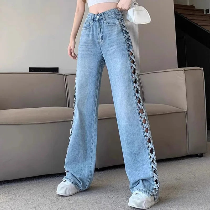 Women Casual Mom Jeans Hollow Out High Waist Trousers Button Zipper Wide Leg Pant Office Lady Loose Spring Club Y2k Streetwear Aviola