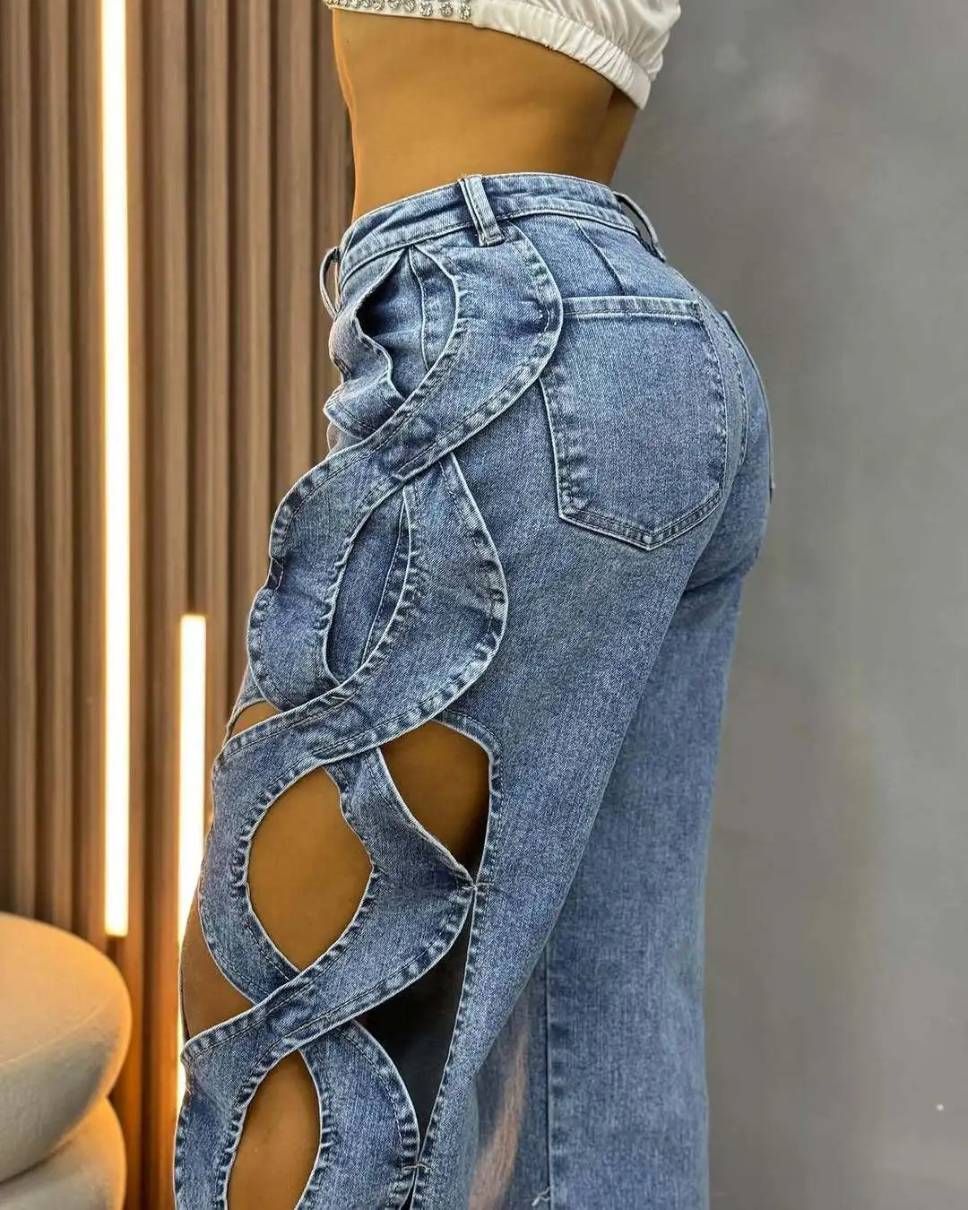Denim Pant Women Jeans Long Pants Hollowed Out High Waist Straight Trousers Y2k Streetwear Casual Mom Jeans Night Club Summer Aviola