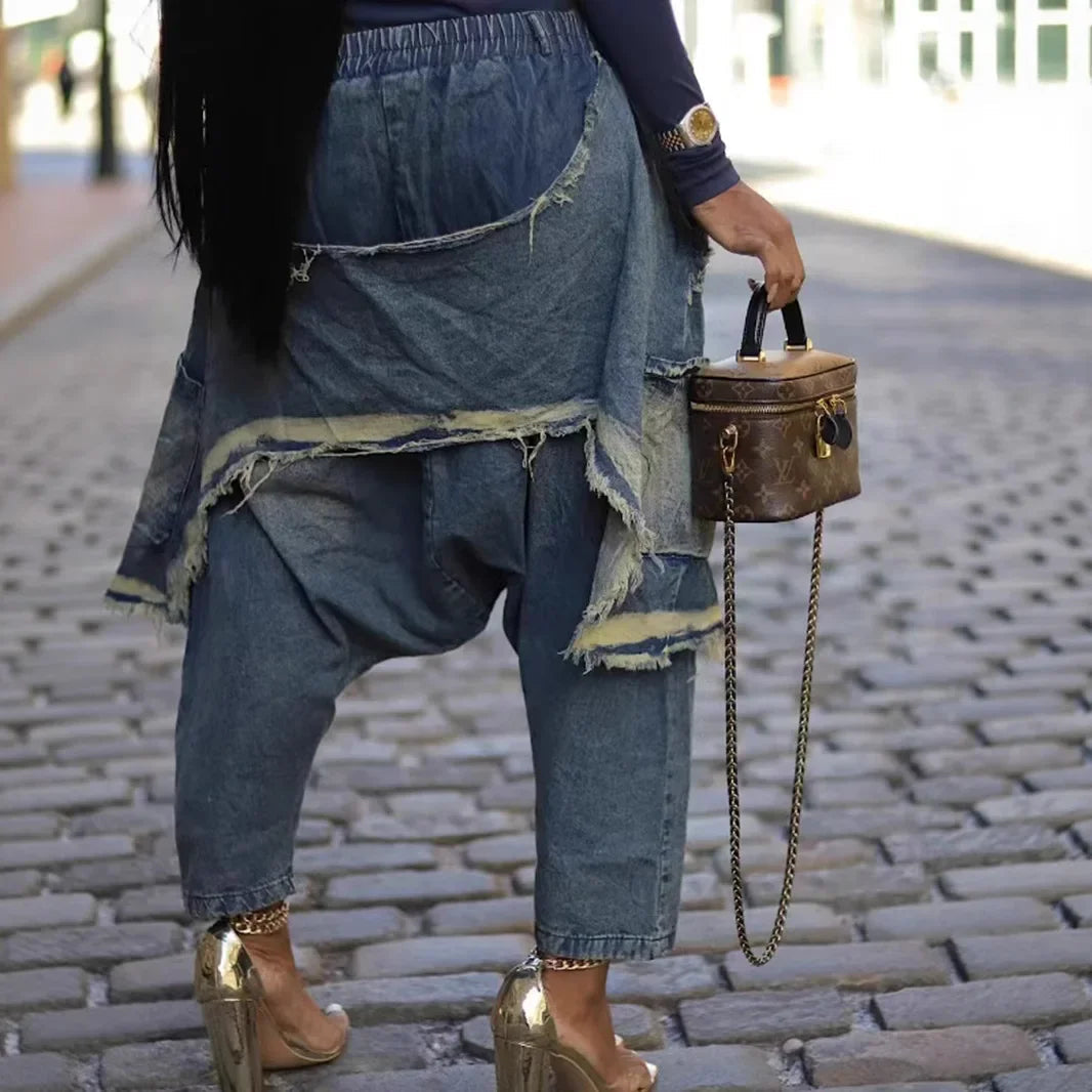 Jeans Women Harem Pants Hole Elastic Waist Tassels Washed Denim Pants Punk Y2k Streetwear 2025 Ripped Ankle Length Trousers Aviola