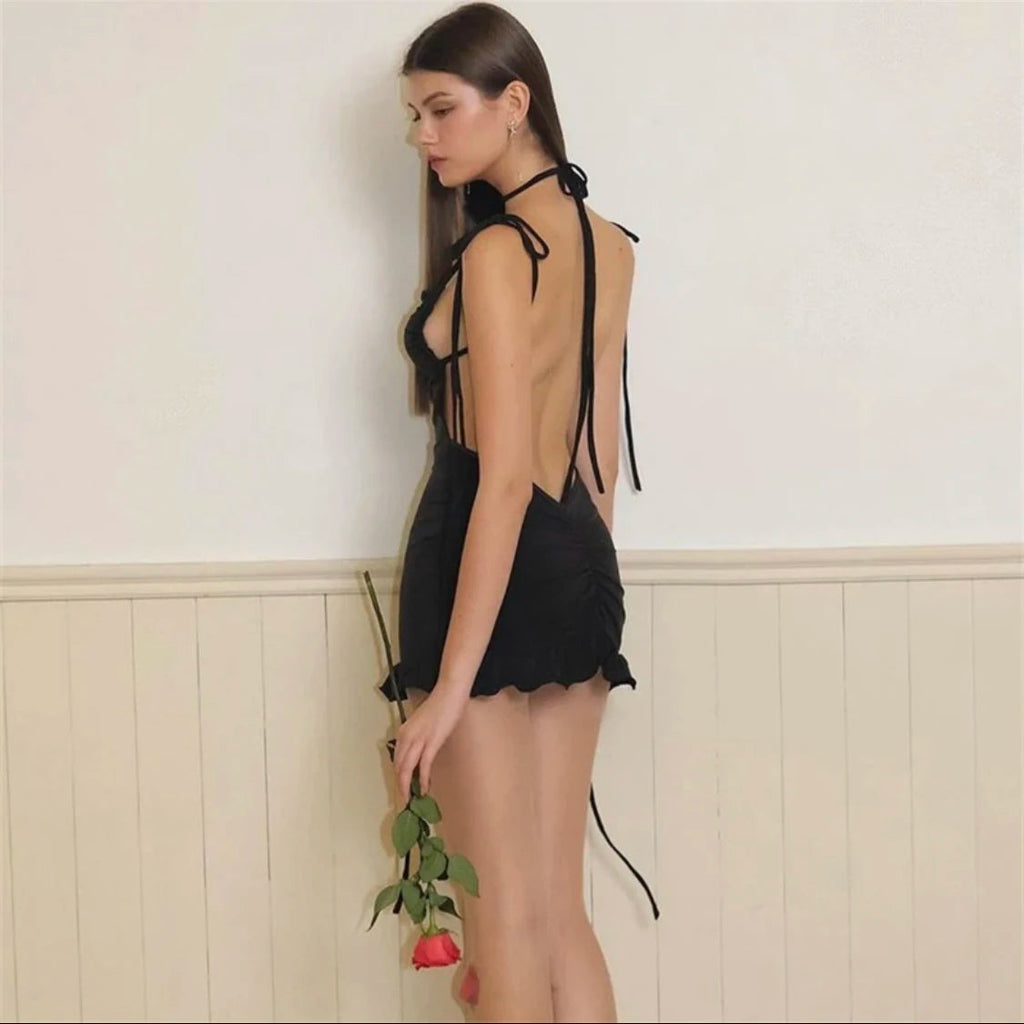 2024 European and American New High end Y2K Sexy Open Back Lace up Slim Fit Spicy Girl Short Skirt Aviola