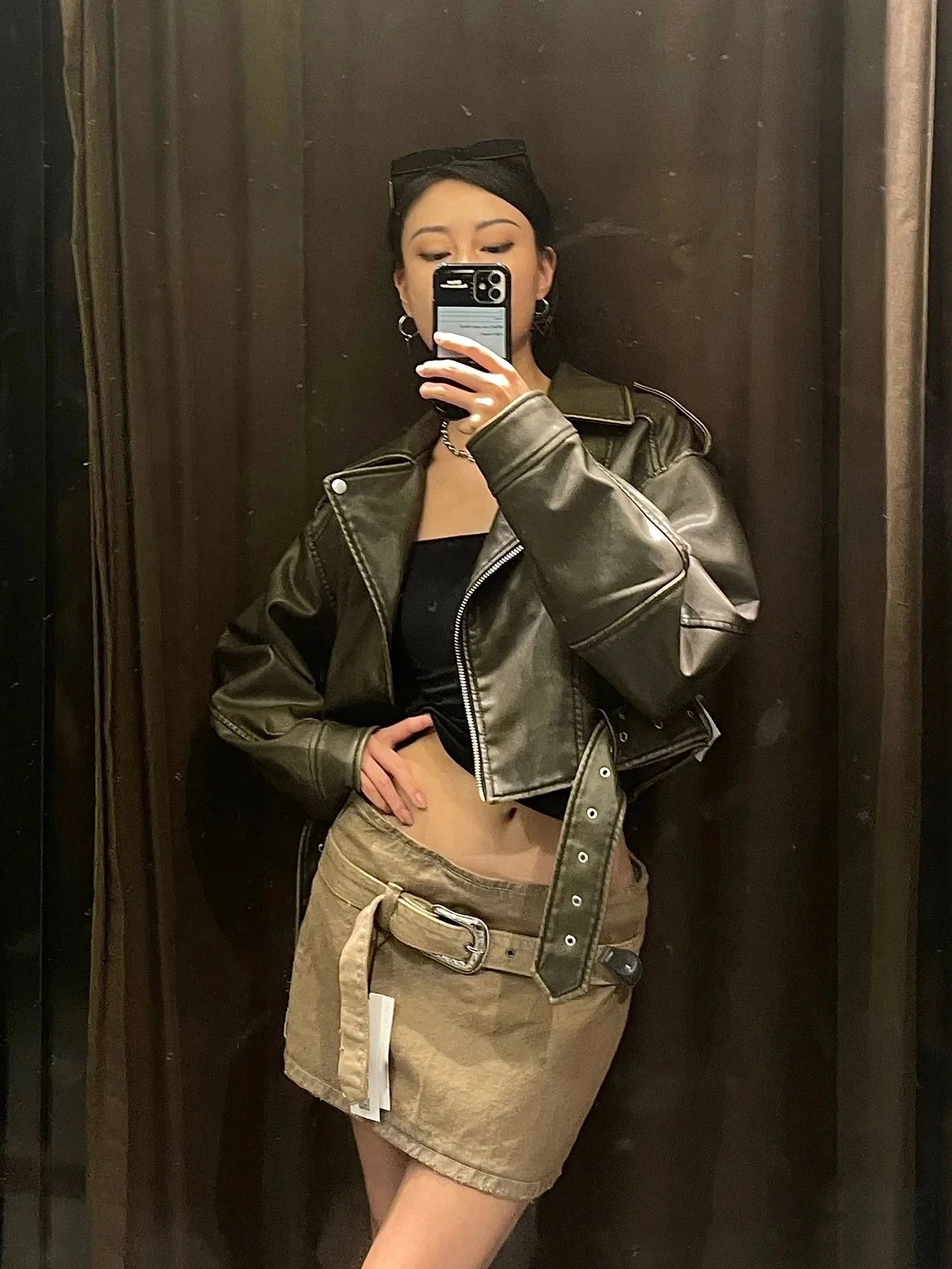Chaqueta de cuero lavado con cinturón para mujer, abrigo corto con cremallera degradada y cuello vuelto Vintage, chaqueta elegan Aviola