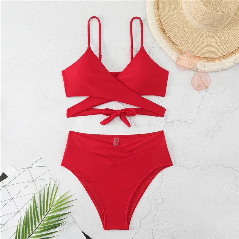 2025 New Sexy High Waist Two-piece Bikini Women's Solid Swimsuit Hollow Sling Backless Swimwear Tight Cross Gathered Beachwear Aviola