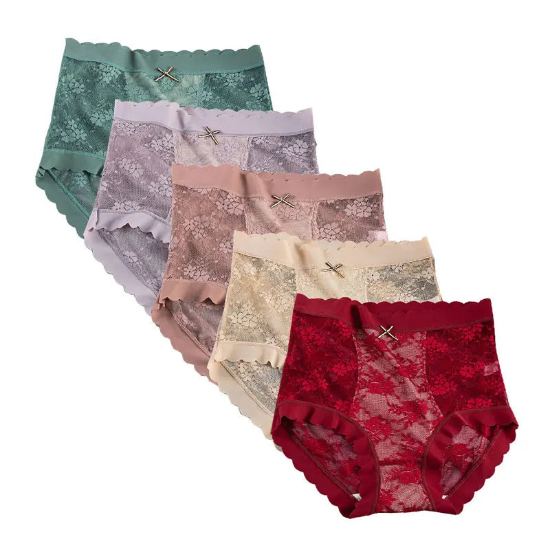 5pcs/Set High-waisted Lace Briefs for Lady Comfortable Soft Breathable Elastic Women's Underwear Cotton Panties Aviola