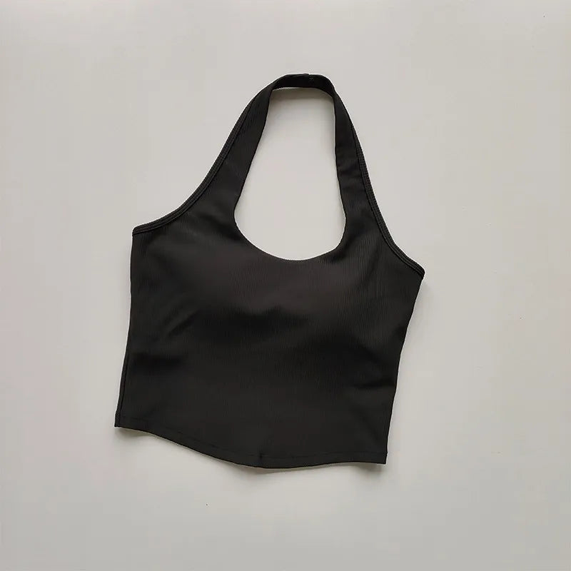 2023 Summer Sexy Sports Bra Rib Sport Top Underwear Women's Running Gathered Bra Hanging Neck Fitness Vest Fixed Padded Yoga Bra Aviola