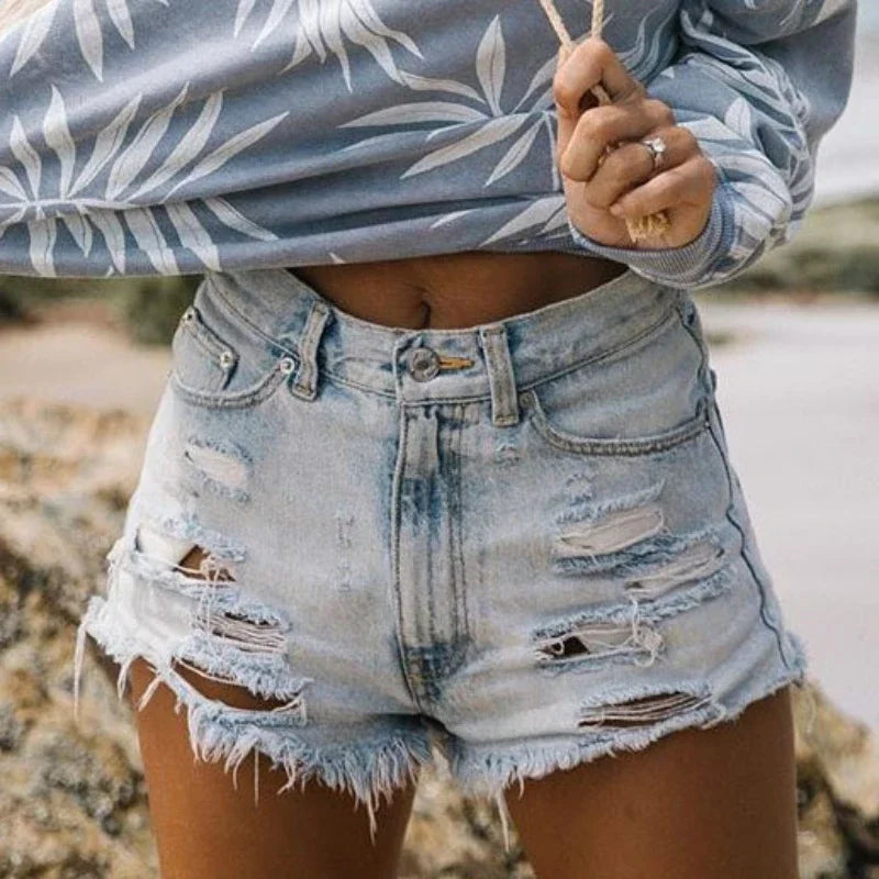 Ripped Women Denim Shorts Jean High Waist Skinny Washed Jeans Pockets Solid Hole 2025 Summer Distressed Tassel Vintage Aviola