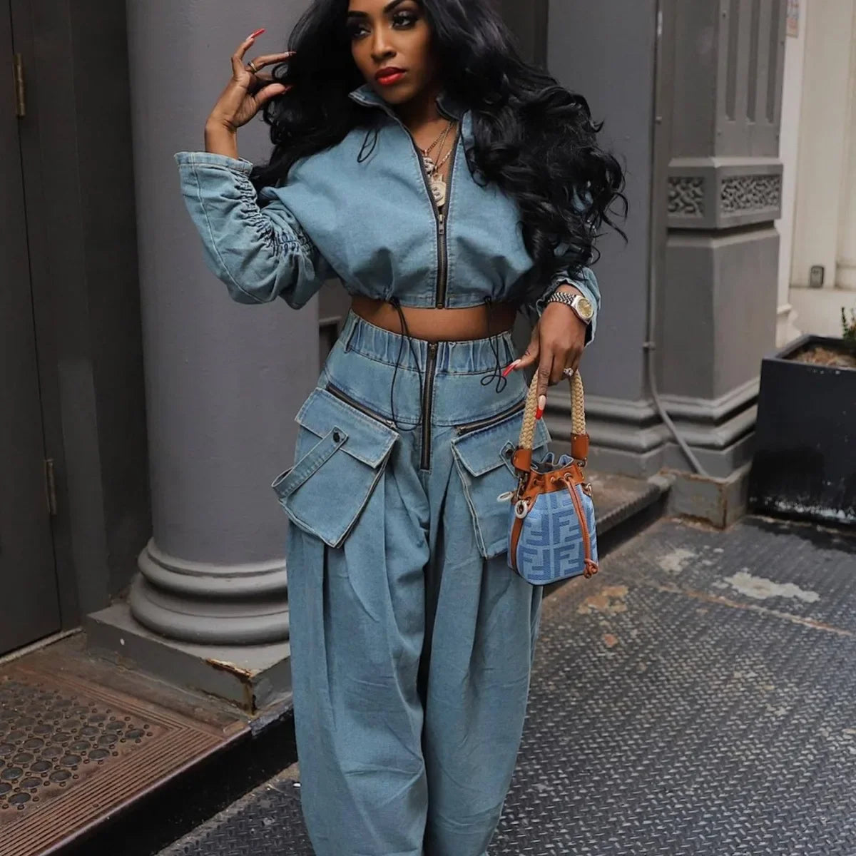 Denim Two Piece Sets Women Coat Jacket Wide Leg Pants Jeans Suits Matching Sets Trousers Outfits 2025 Y2k Streetwear Party Aviola