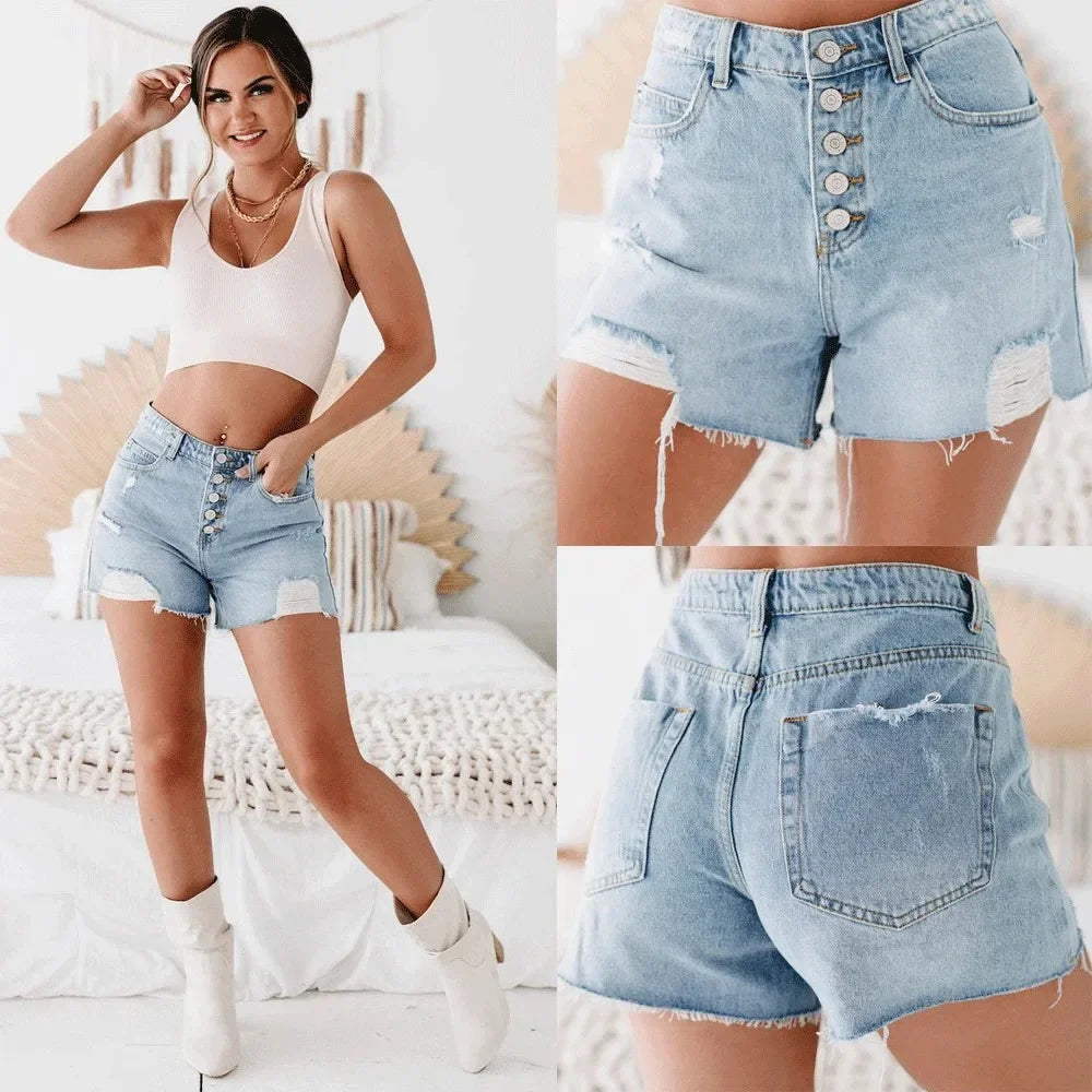 Denim Shorts Women Sexy Ripped Mom Jeans Button Pocket Washed Distressed Mid Waist Streetwear Short Summer 2025 Hole Short Pants Aviola