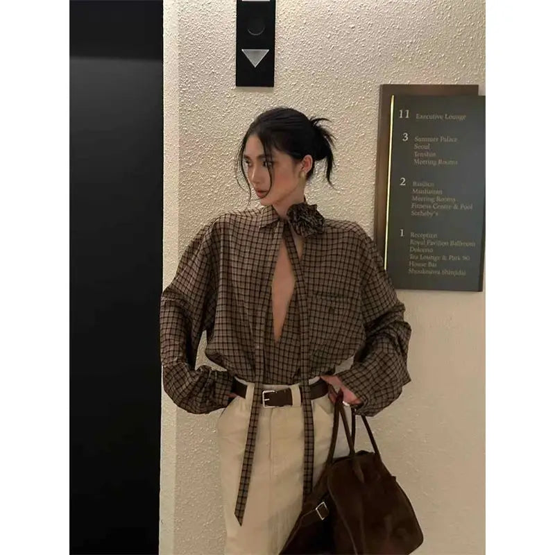 MEXZT Y2K Hollow Out Plaid Shirts Women Vintage Streetwear 3D Floral Lace Up Blouses Harajuku Long Sleeve Loose Design Tops New Aviola