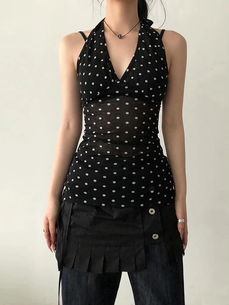 Nibber See Through Vests Women v-Neck Halter Bandage Backless Polka Dot Print Street Sexy Daily Skinny Fashion Hot Chick Tops Aviola