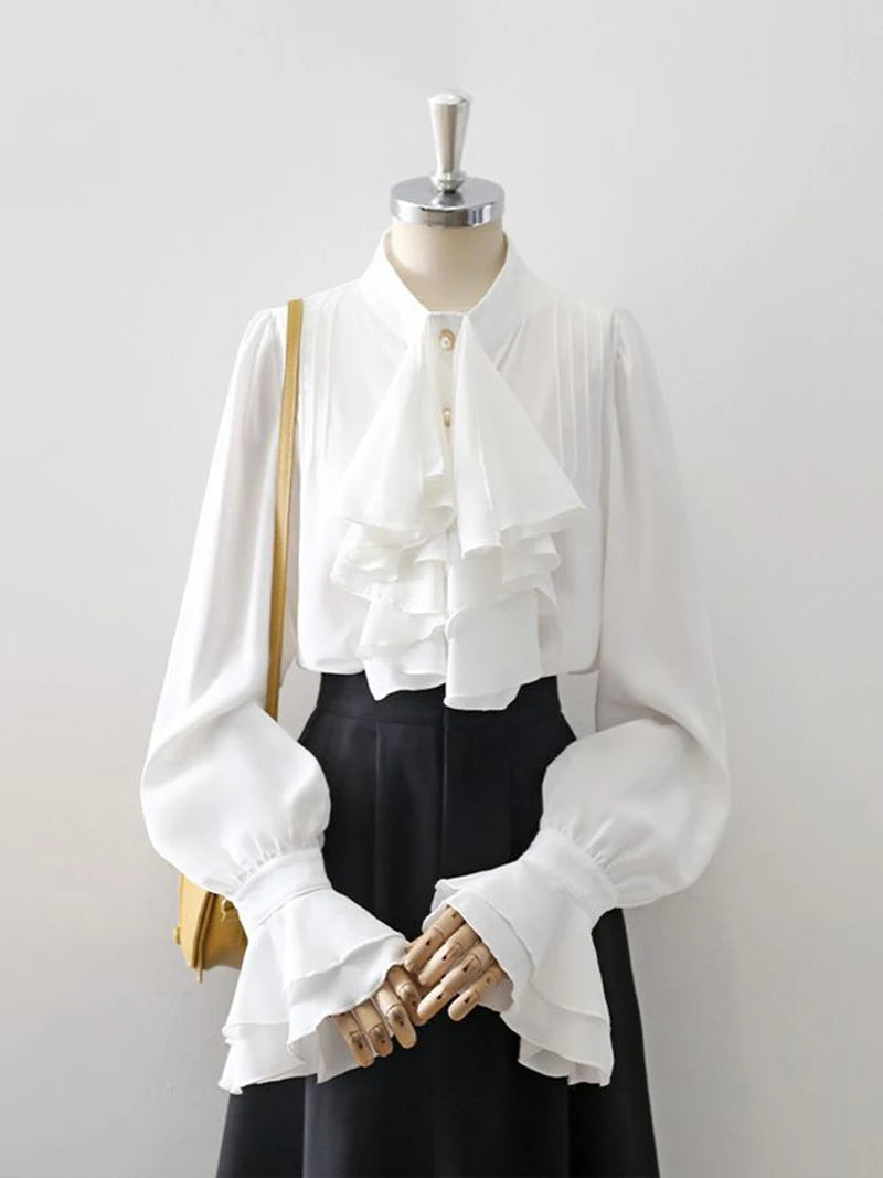 MEXZT Vintage White Shirts Women Elegant Ruffles Flare Long Sleeve Blouses Office Ladies Korean Single Breasted Design Chic Tops Aviola
