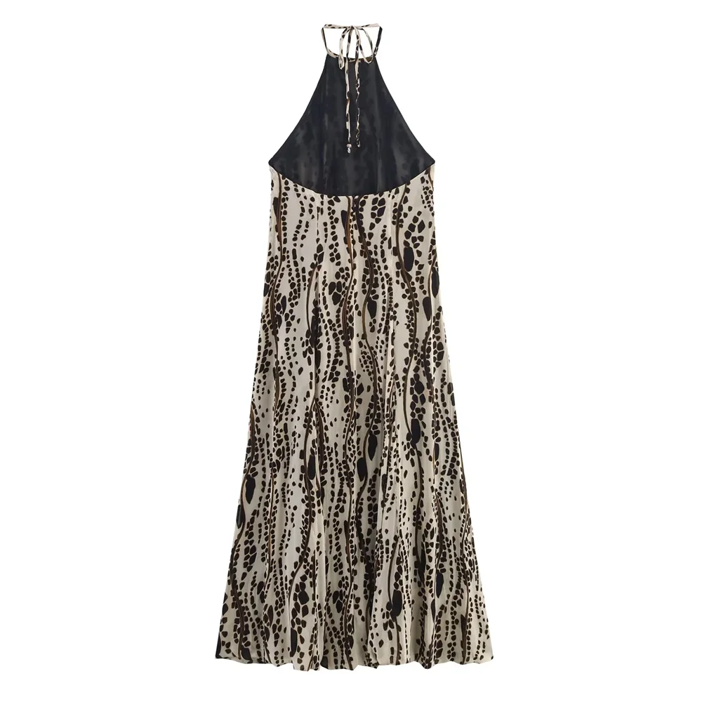 BM&MD&ZA2025all-match casual halter neck backless design bowknot adjustable print loose sleeveless dress for women Aviola