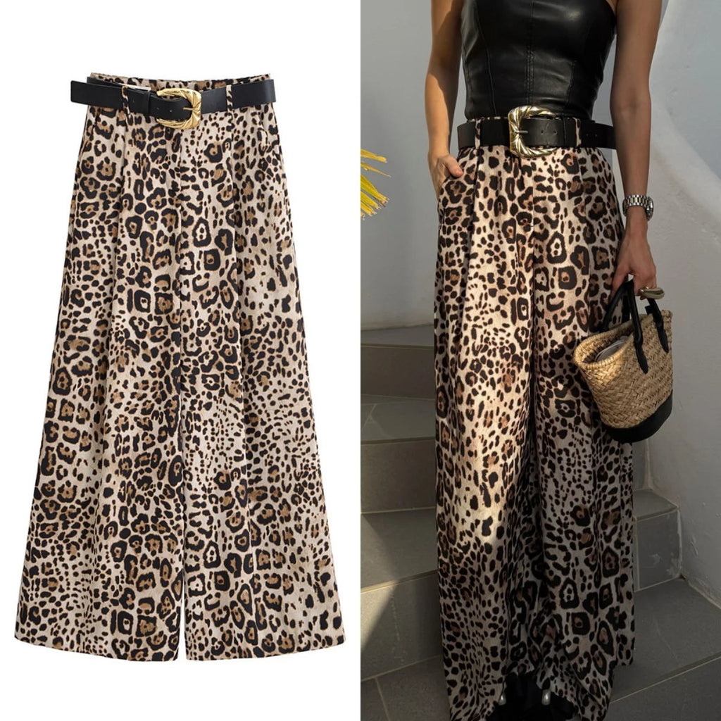 UNIZERA Leopard Satin with Belt High Waisted Trousers Wide Leg Pants Women's Clothing 2025 Summer New Arrivals Casual Pants Aviola